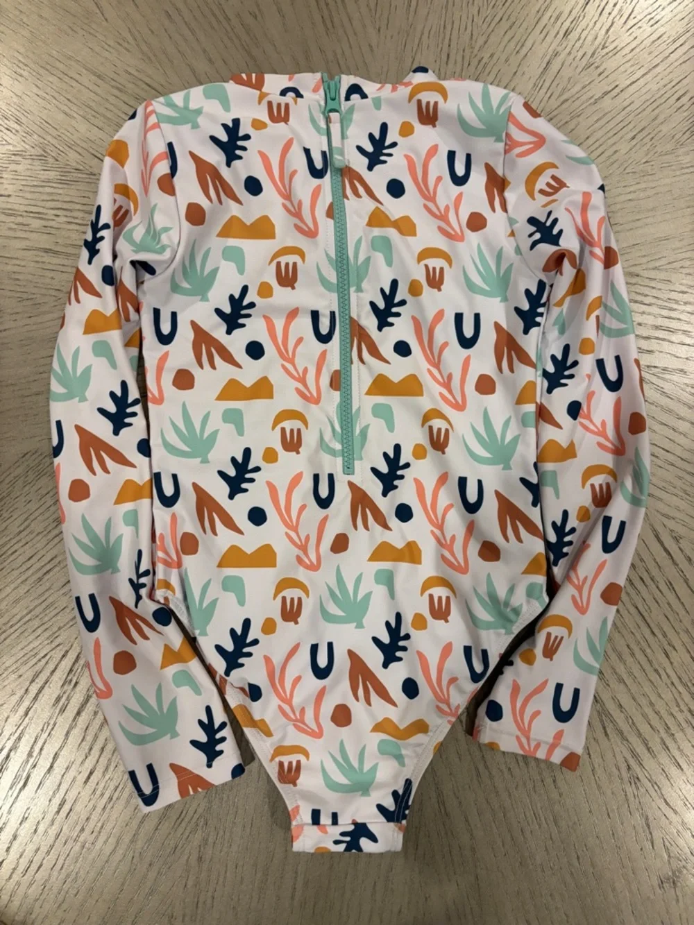 F4A Kids Long-Sleeve One-Piece Swimsuit - White with Coral, Mint & Navy Print